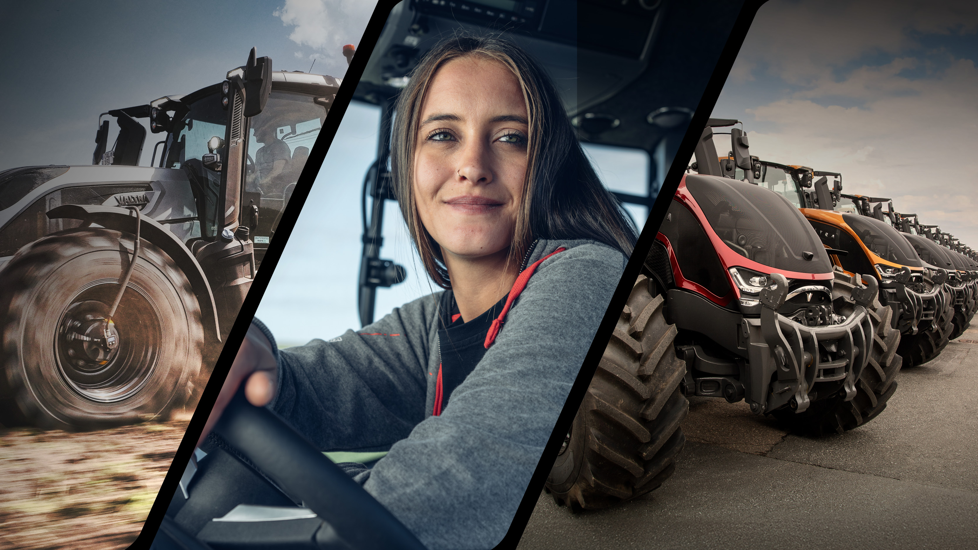 A Valtra Q Series with Valtra Unlimited Central Tyre Inflation System, a Valtra driver sitting in her Valtra S Series, and a line of multicoloured Valtra S Series tractors
